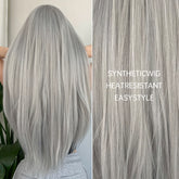 Silvery Grey 26 Inch Long Straight Hair Wigs With Bangs Heat Resistant Synthetic Hair Wigs For Women Girls For Cosplay Party Daily Taking Photos Use Music Festival - Lena & Miles Exquisite Boutique LLC.