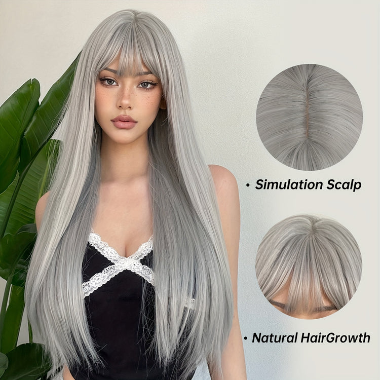 Silvery Grey 26 Inch Long Straight Hair Wigs With Bangs Heat Resistant Synthetic Hair Wigs For Women Girls For Cosplay Party Daily Taking Photos Use Music Festival - Lena & Miles Exquisite Boutique LLC.