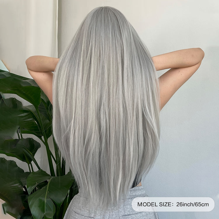 Silvery Grey 26 Inch Long Straight Hair Wigs With Bangs Heat Resistant Synthetic Hair Wigs For Women Girls For Cosplay Party Daily Taking Photos Use Music Festival - Lena & Miles Exquisite Boutique LLC.