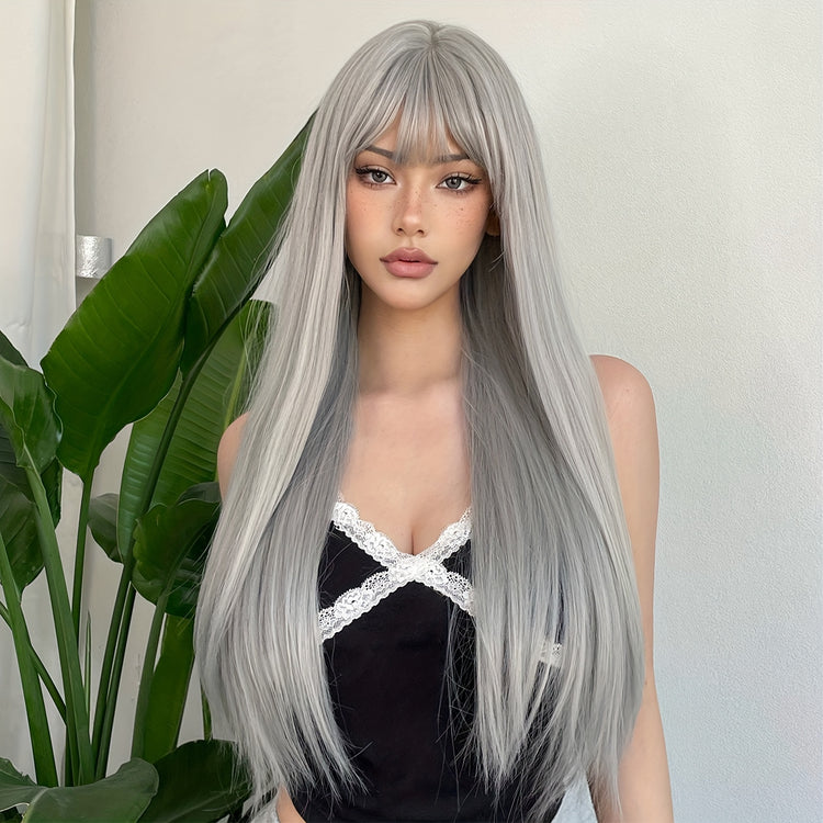 Silvery Grey 26 Inch Long Straight Hair Wigs With Bangs Heat Resistant Synthetic Hair Wigs For Women Girls For Cosplay Party Daily Taking Photos Use Music Festival - Lena & Miles Exquisite Boutique LLC.