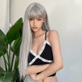 Silvery Grey 26 Inch Long Straight Hair Wigs With Bangs Heat Resistant Synthetic Hair Wigs For Women Girls For Cosplay Party Daily Taking Photos Use Music Festival - Lena & Miles Exquisite Boutique LLC.