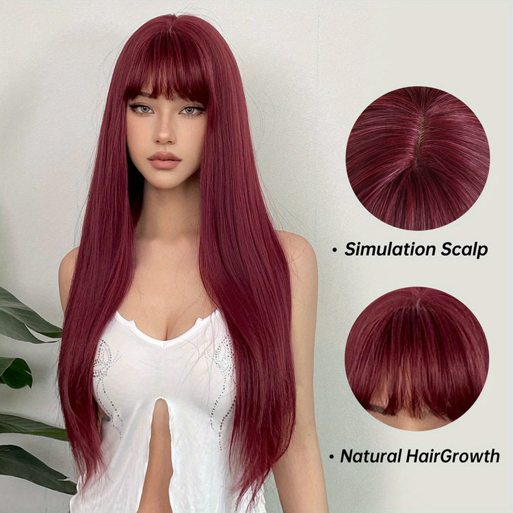 Silvery Grey 26 Inch Long Straight Hair Wigs With Bangs Heat Resistant Synthetic Hair Wigs For Women Girls For Cosplay Party Daily Taking Photos Use Music Festival - Lena & Miles Exquisite Boutique LLC.