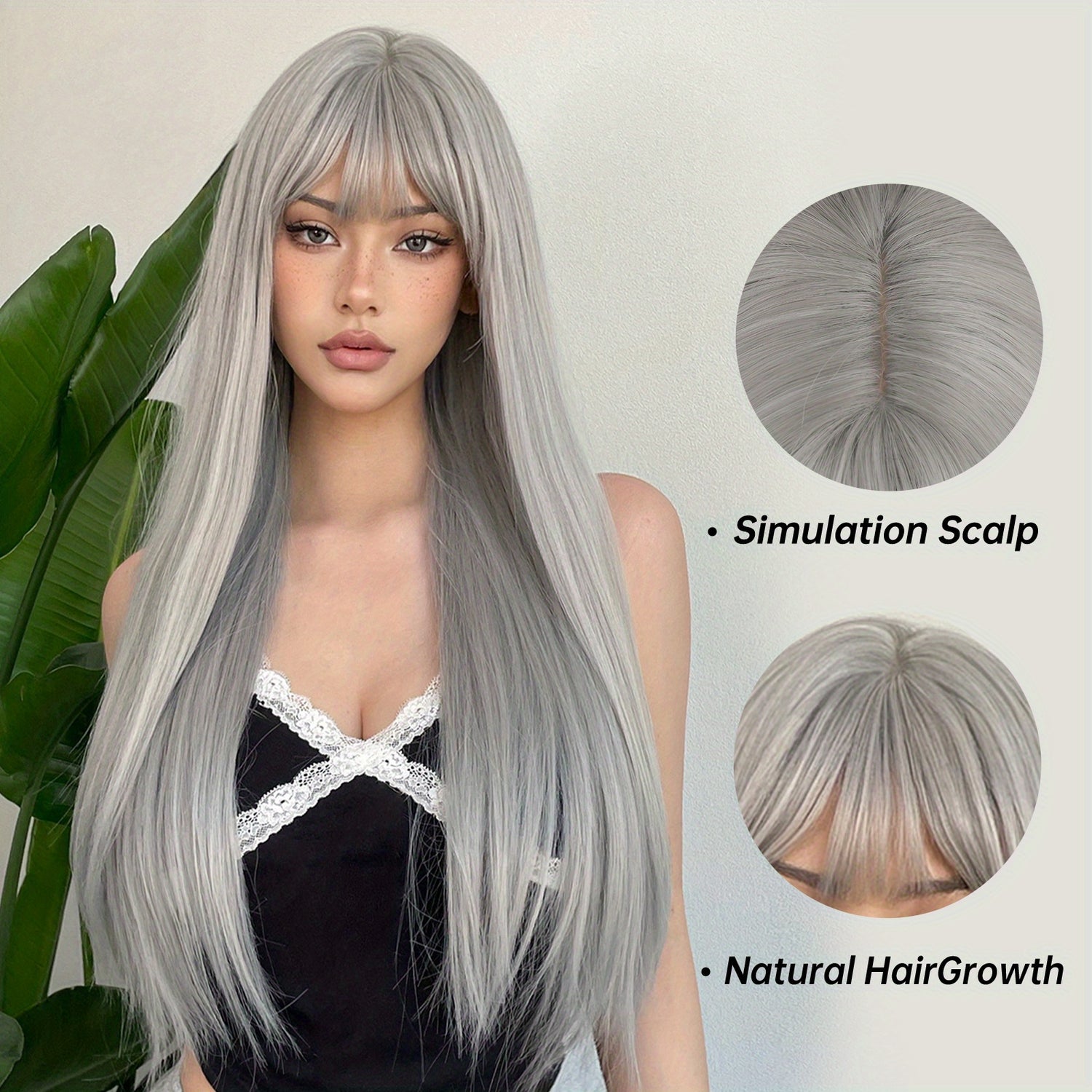 Silvery Grey 26 Inch Long Straight Hair Wigs With Bangs Heat Resistant Synthetic Hair Wigs For Women Girls For Cosplay Party Daily Taking Photos Use Music Festival - Lena & Miles Exquisite Boutique LLC.