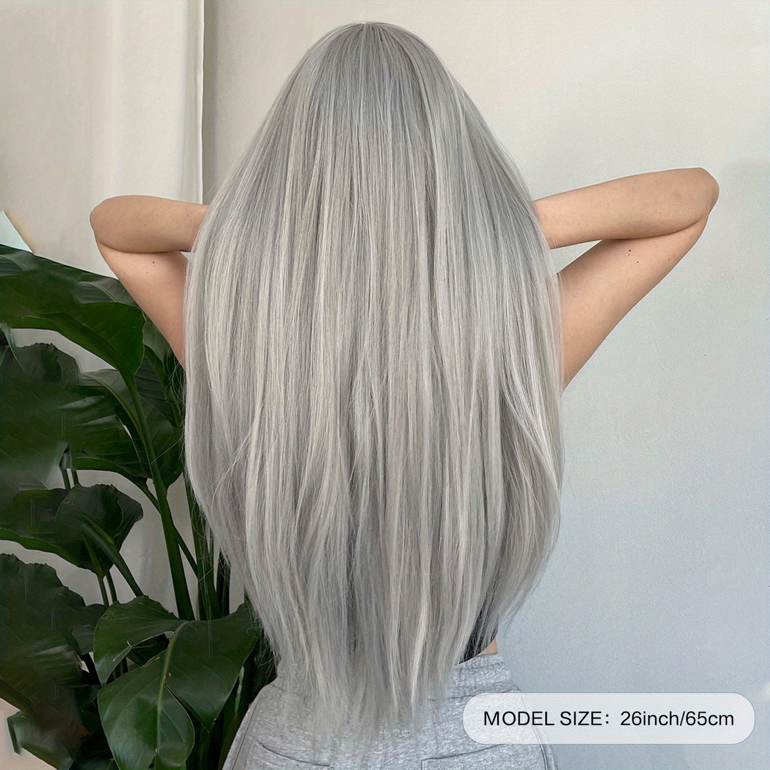Silvery Grey 26 Inch Long Straight Hair Wigs With Bangs Heat Resistant Synthetic Hair Wigs For Women Girls For Cosplay Party Daily Taking Photos Use Music Festival - Lena & Miles Exquisite Boutique LLC.