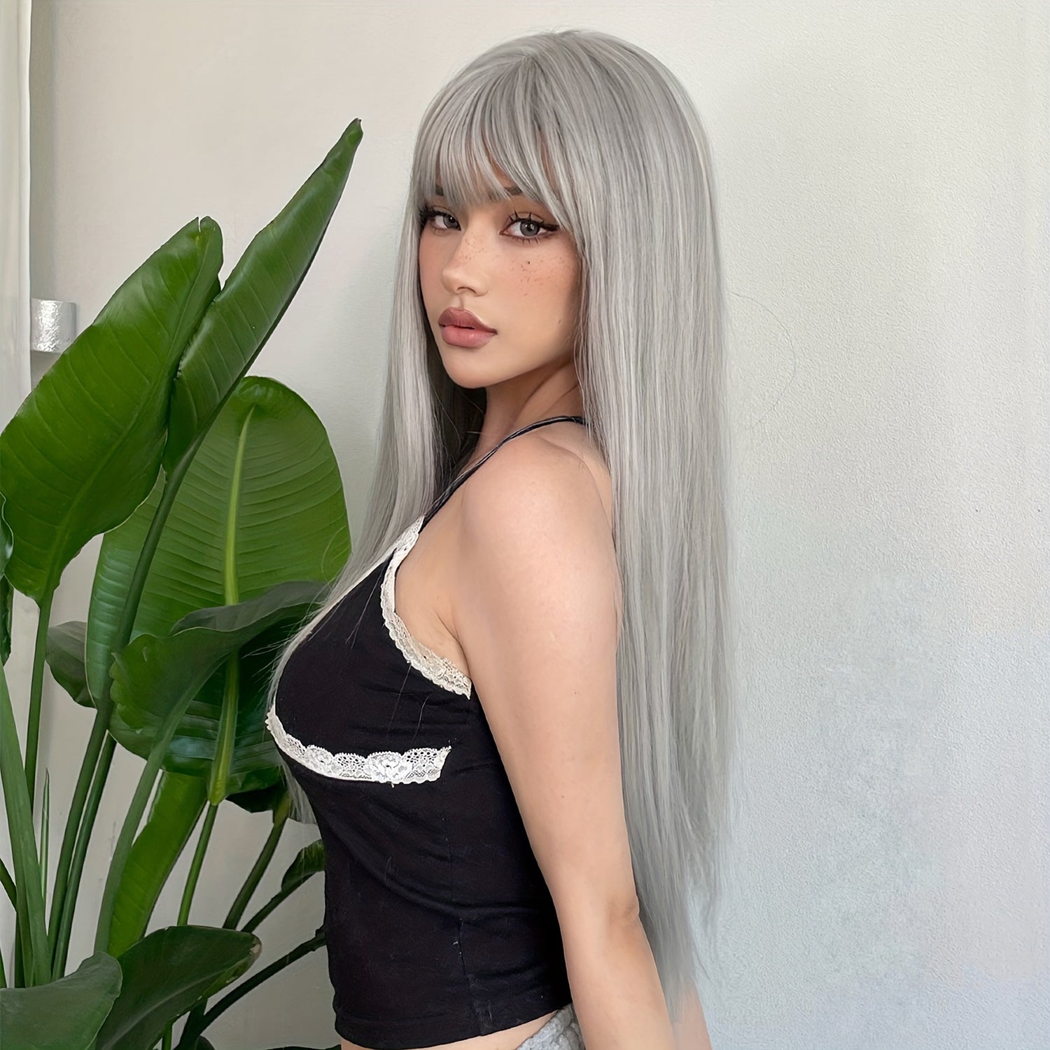 Silvery Grey 26 Inch Long Straight Hair Wigs With Bangs Heat Resistant Synthetic Hair Wigs For Women Girls For Cosplay Party Daily Taking Photos Use Music Festival - Lena & Miles Exquisite Boutique LLC.