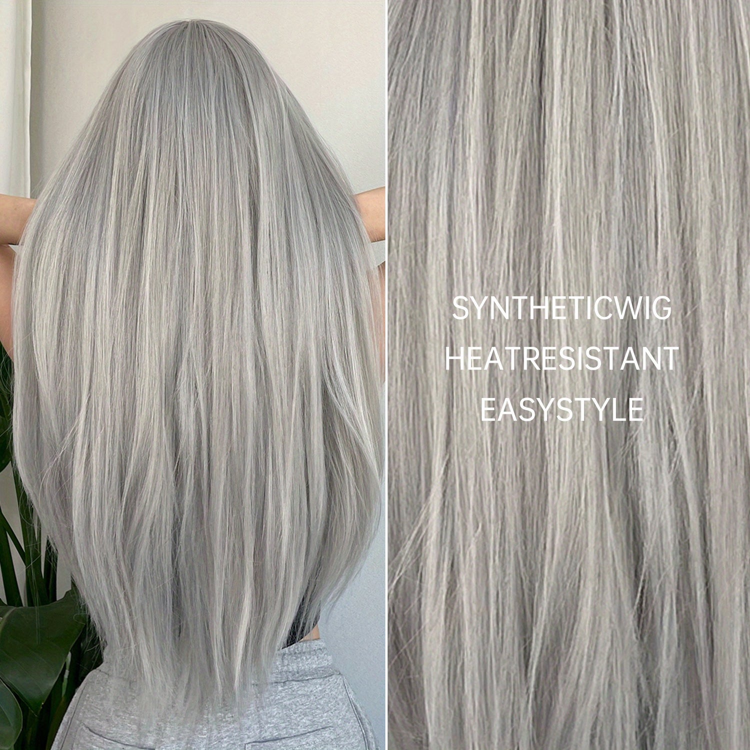 Silvery Grey 26 Inch Long Straight Hair Wigs With Bangs Heat Resistant Synthetic Hair Wigs For Women Girls For Cosplay Party Daily Taking Photos Use Music Festival - Lena & Miles Exquisite Boutique LLC.
