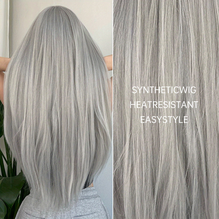 Silvery Grey 26 Inch Long Straight Hair Wigs With Bangs Heat Resistant Synthetic Hair Wigs For Women Girls For Cosplay Party Daily Taking Photos Use Music Festival - Lena & Miles Exquisite Boutique LLC.