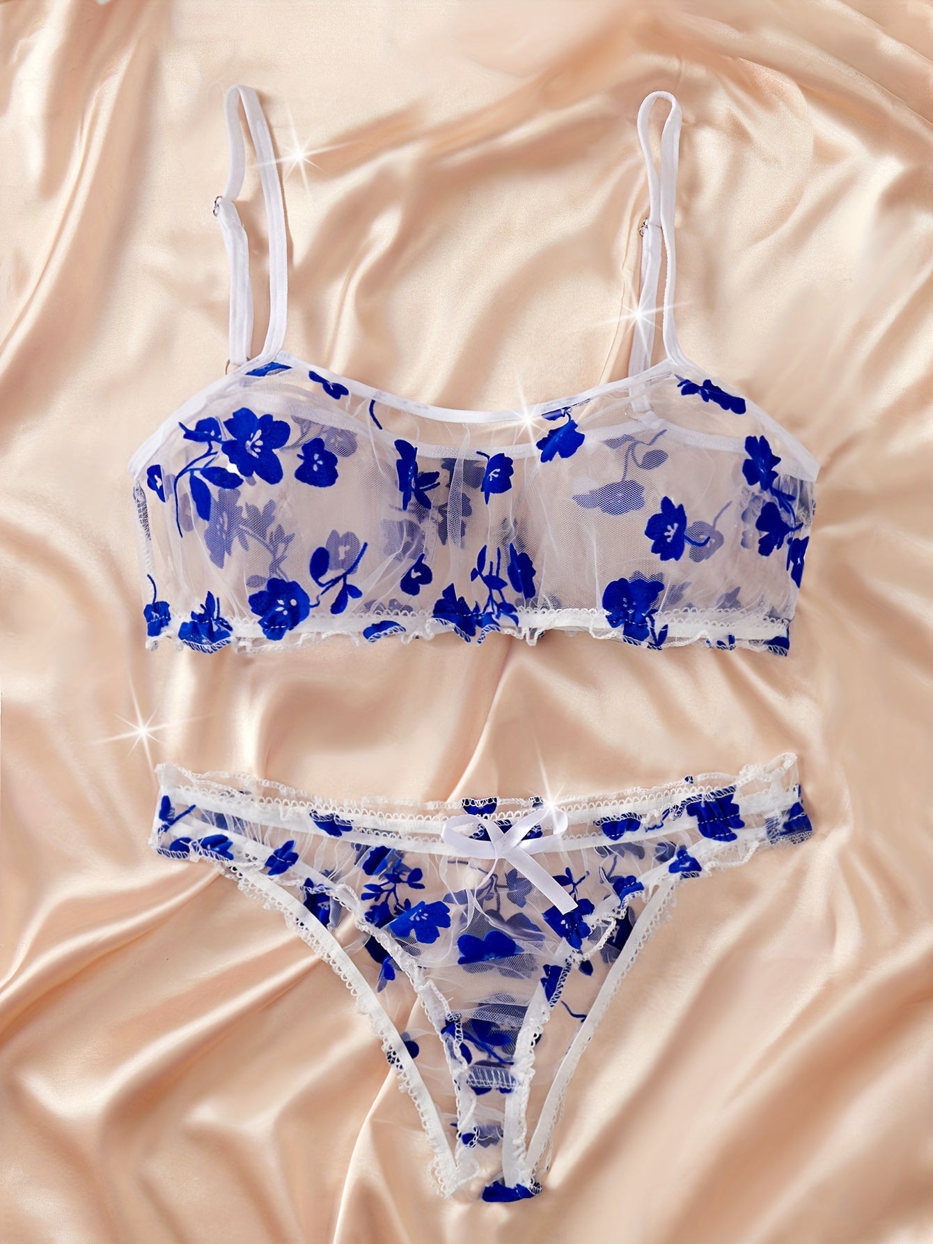 Romantic Floral Lingerie Set for Her - Alluring Ruffle Bra & Soft Sheer Mesh Panties - Seductive, Comfortable Intimate Wear with Flirty Flower Print - Lena & Miles Exquisite Boutique LLC.