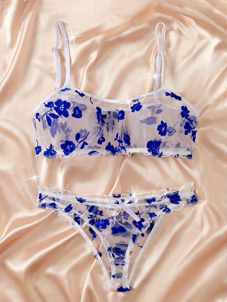 Romantic Floral Lingerie Set for Her - Alluring Ruffle Bra & Soft Sheer Mesh Panties - Seductive, Comfortable Intimate Wear with Flirty Flower Print - Lena & Miles Exquisite Boutique LLC.