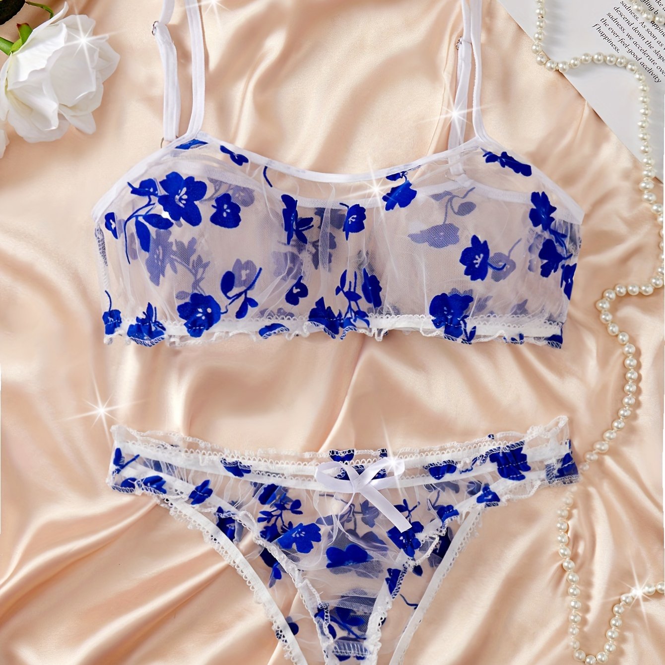 Romantic Floral Lingerie Set for Her - Alluring Ruffle Bra & Soft Sheer Mesh Panties - Seductive, Comfortable Intimate Wear with Flirty Flower Print - Lena & Miles Exquisite Boutique LLC.