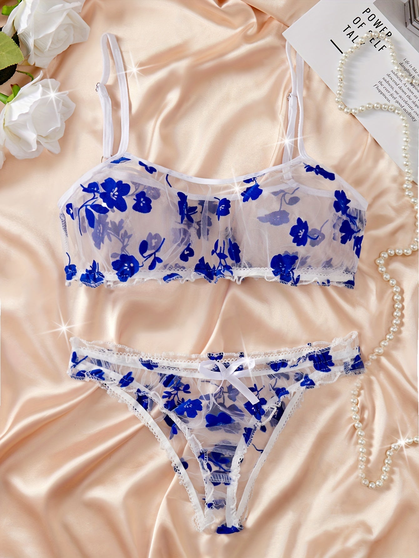 Romantic Floral Lingerie Set for Her - Alluring Ruffle Bra & Soft Sheer Mesh Panties - Seductive, Comfortable Intimate Wear with Flirty Flower Print - Lena & Miles Exquisite Boutique LLC.