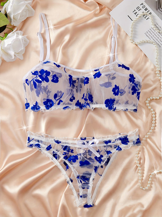 Romantic Floral Lingerie Set for Her - Alluring Ruffle Bra & Soft Sheer Mesh Panties - Seductive, Comfortable Intimate Wear with Flirty Flower Print - Lena & Miles Exquisite Boutique LLC.