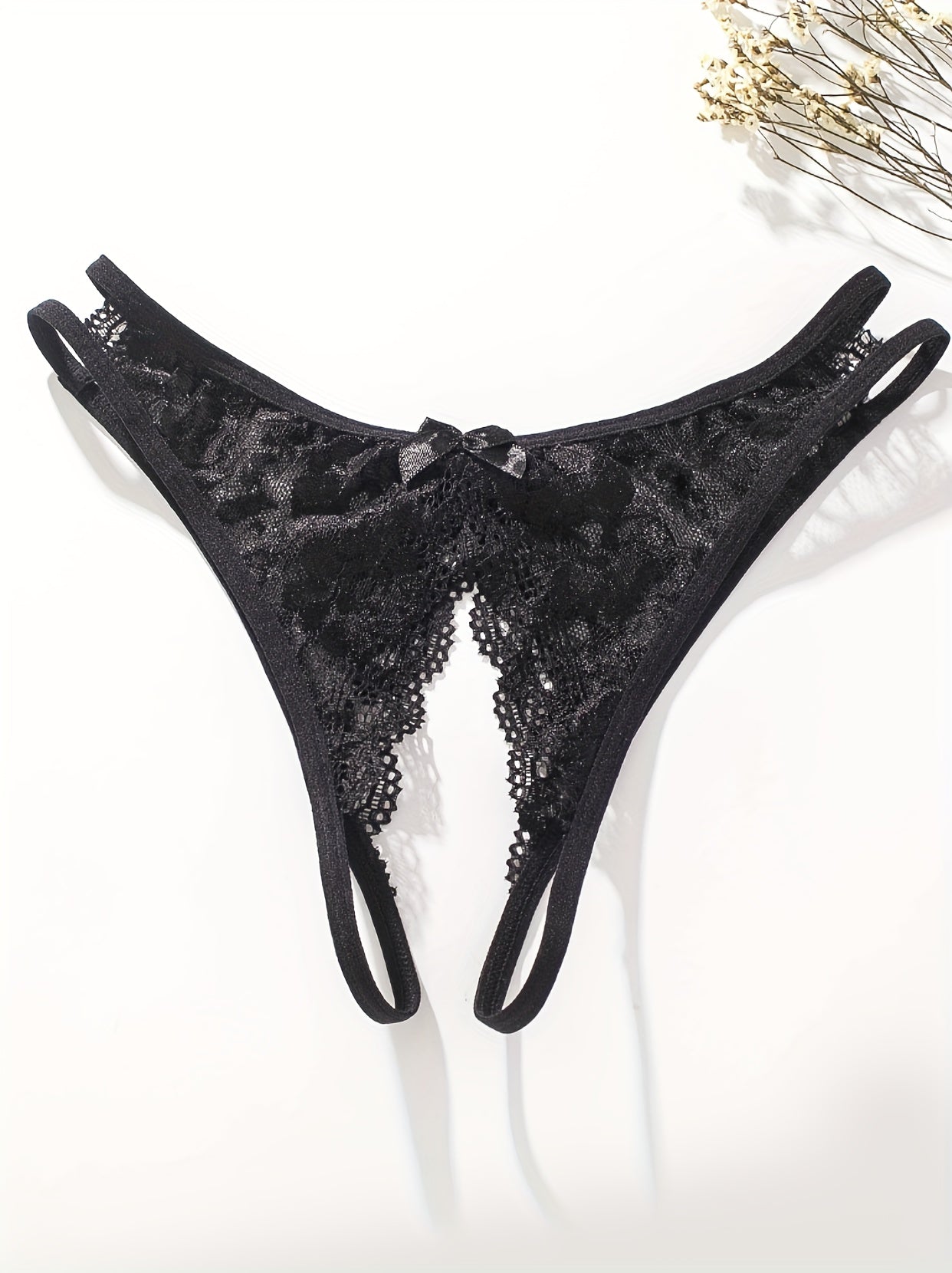 Seductive Floral Lace Thong Lingerie with Open Crotch and Bow Detail - Feminine Accent for Intimate Comfort - Soft One Size Underwear Set for Women - Lena & Miles Exquisite Boutique LLC.