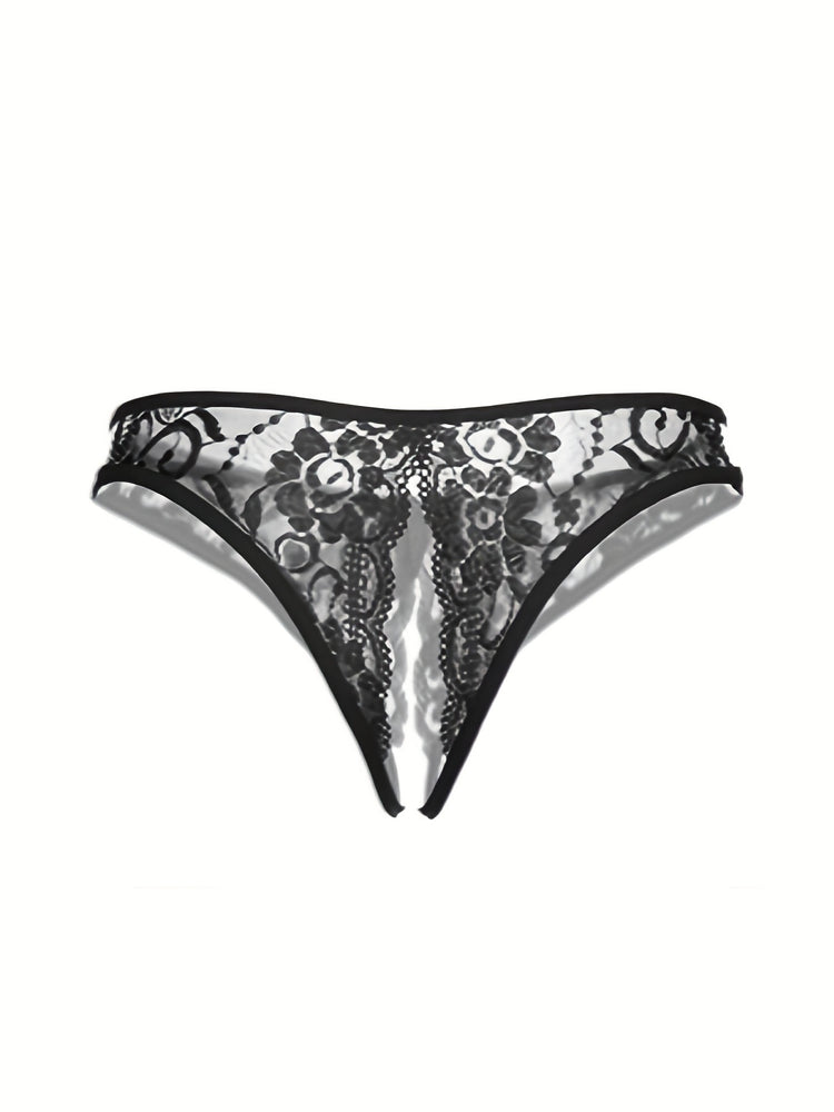 Seductive Floral Lace Thong Lingerie with Open Crotch and Bow Detail - Feminine Accent for Intimate Comfort - Soft One Size Underwear Set for Women - Lena & Miles Exquisite Boutique LLC.