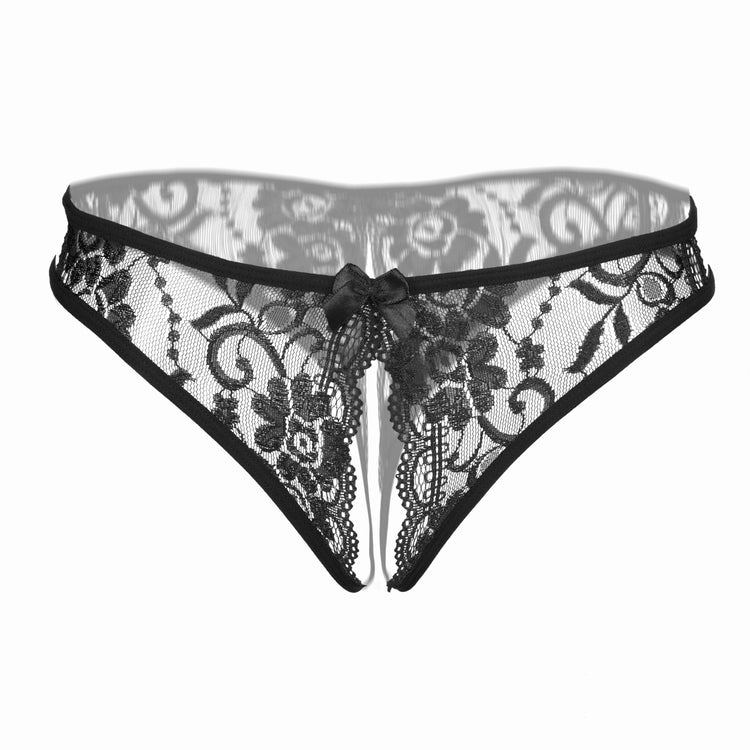 Seductive Floral Lace Thong Lingerie with Open Crotch and Bow Detail - Feminine Accent for Intimate Comfort - Soft One Size Underwear Set for Women - Lena & Miles Exquisite Boutique LLC.