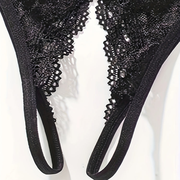 Seductive Floral Lace Thong Lingerie with Open Crotch and Bow Detail - Feminine Accent for Intimate Comfort - Soft One Size Underwear Set for Women - Lena & Miles Exquisite Boutique LLC.