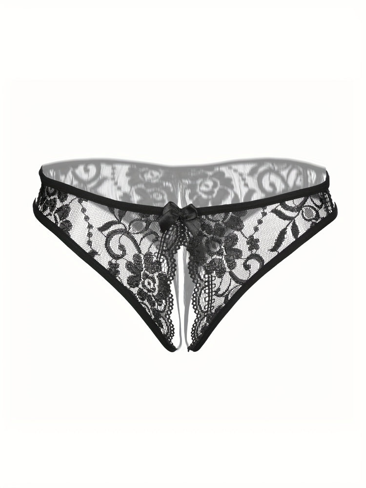 Seductive Floral Lace Thong Lingerie with Open Crotch and Bow Detail - Feminine Accent for Intimate Comfort - Soft One Size Underwear Set for Women - Lena & Miles Exquisite Boutique LLC.