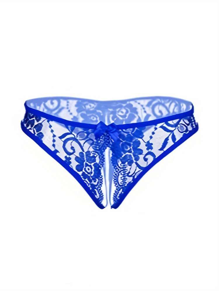 Seductive Floral Lace Thong Lingerie with Open Crotch and Bow Detail - Feminine Accent for Intimate Comfort - Soft One Size Underwear Set for Women - Lena & Miles Exquisite Boutique LLC.