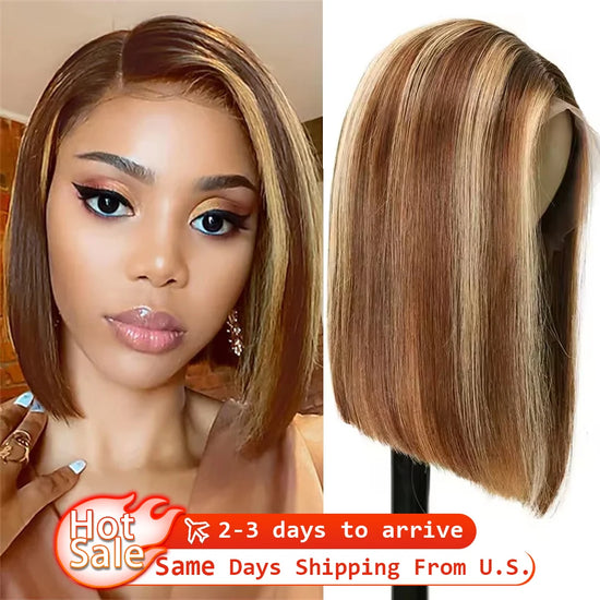 220% 16Inch Highlight Ombre Bob Wigs 13X6 Straight Hd Lace Frontal Glueless Front Short Bob Wig Colored Human Hair Ready to Wear - Lena & Miles Exquisite Boutique LLC.