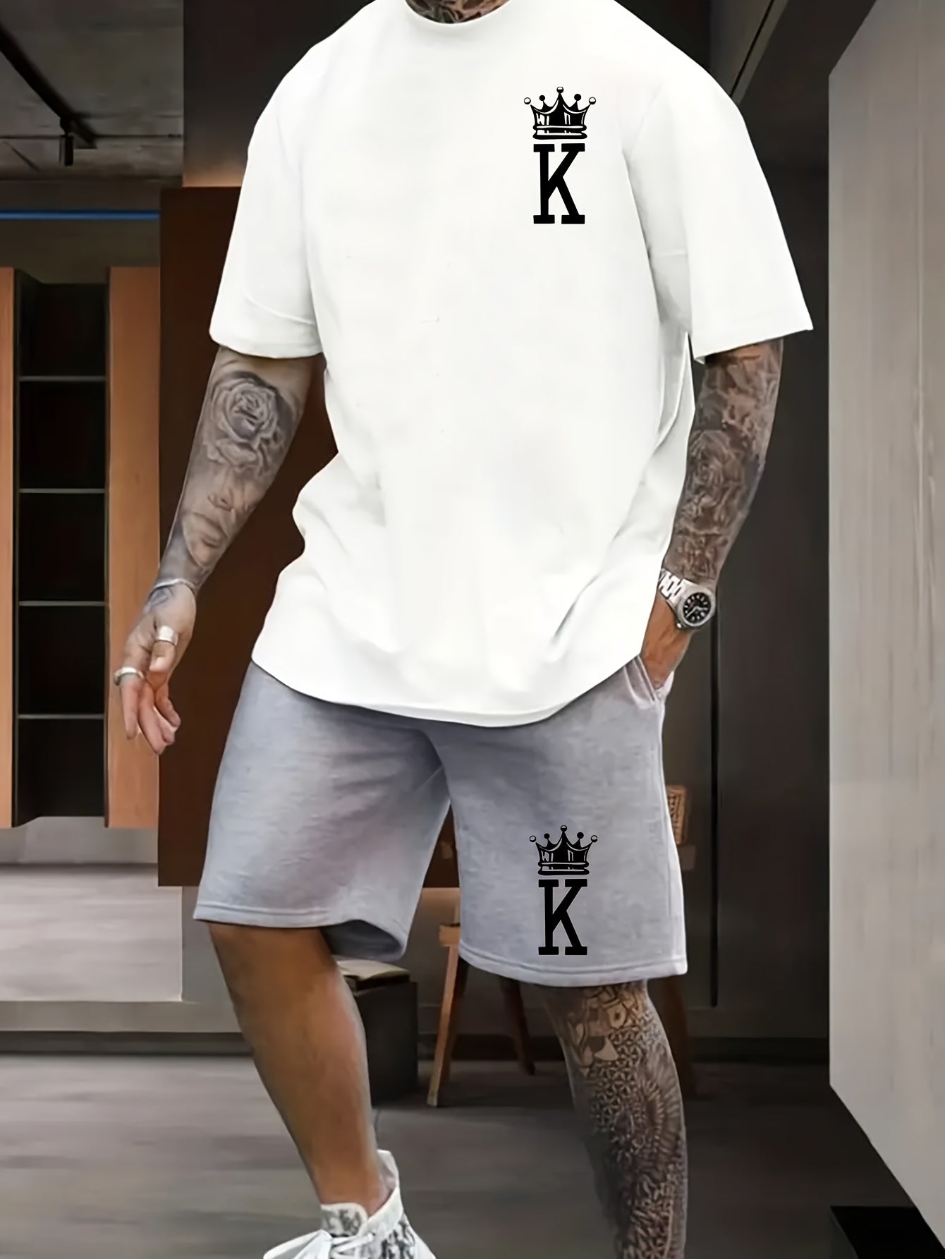 Letter K With Crown Pattern 2Pcs Outfits For Men - Lena & Miles Exquisite Boutique LLC.