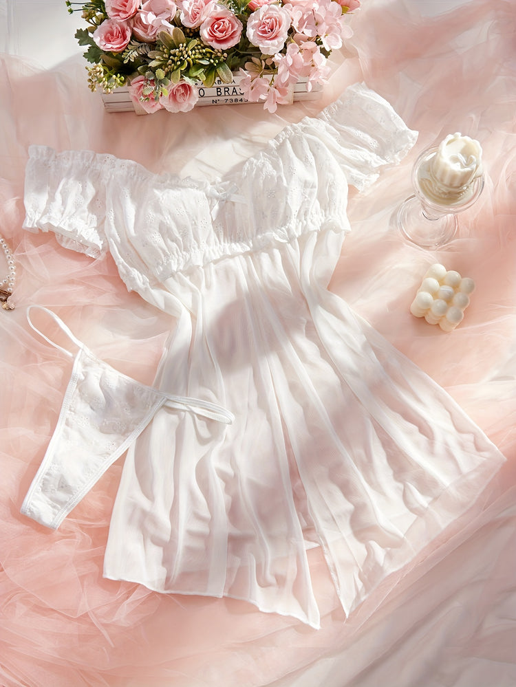 Mid Rise Semi-Sheer Mesh Lingerie Set with Floral Lace Ruffle - Elegant Sleepwear for Women with High Elasticity, Polyester and Elastane Fabric, Enhancing Confidence and Seduction - Lena & Miles Exquisite Boutique LLC.