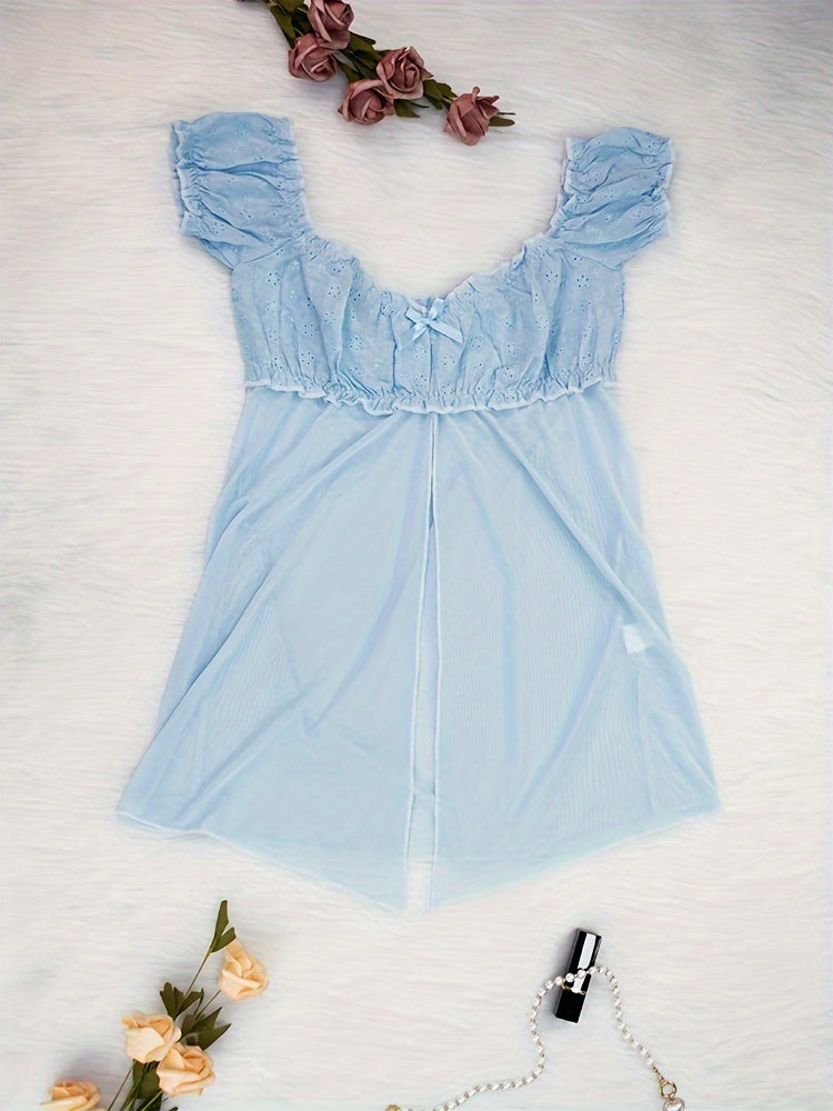 Mid Rise Semi-Sheer Mesh Lingerie Set with Floral Lace Ruffle - Elegant Sleepwear for Women with High Elasticity, Polyester and Elastane Fabric, Enhancing Confidence and Seduction - Lena & Miles Exquisite Boutique LLC.