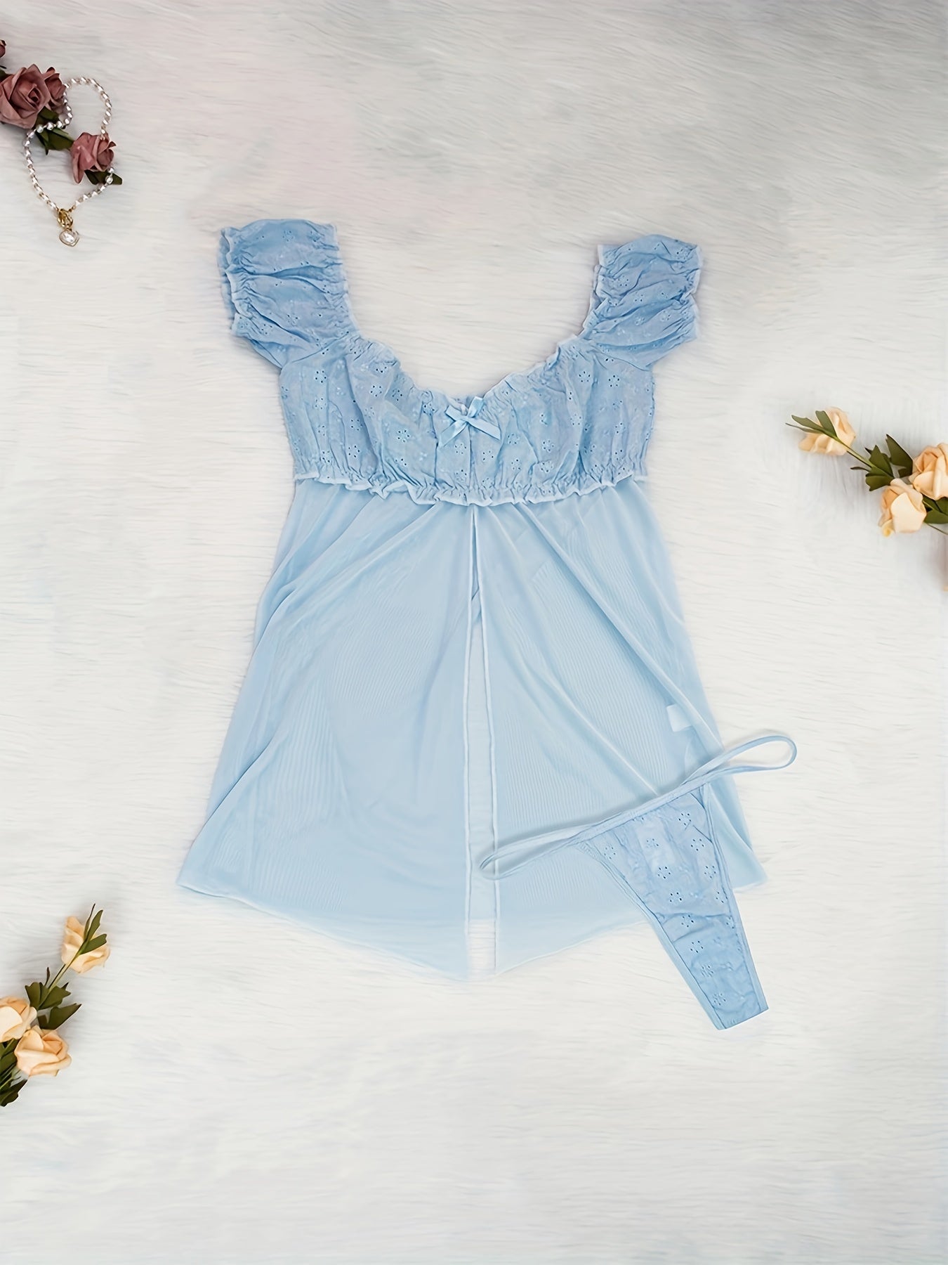 Mid Rise Semi-Sheer Mesh Lingerie Set with Floral Lace Ruffle - Elegant Sleepwear for Women with High Elasticity, Polyester and Elastane Fabric, Enhancing Confidence and Seduction - Lena & Miles Exquisite Boutique LLC.