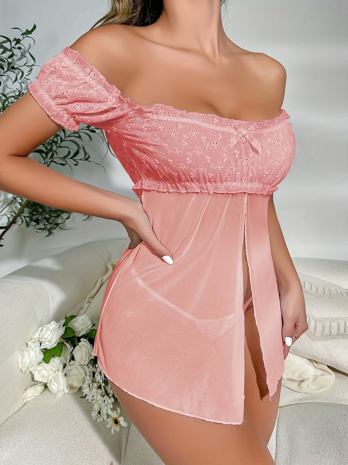 Mid Rise Semi-Sheer Mesh Lingerie Set with Floral Lace Ruffle - Elegant Sleepwear for Women with High Elasticity, Polyester and Elastane Fabric, Enhancing Confidence and Seduction - Lena & Miles Exquisite Boutique LLC.