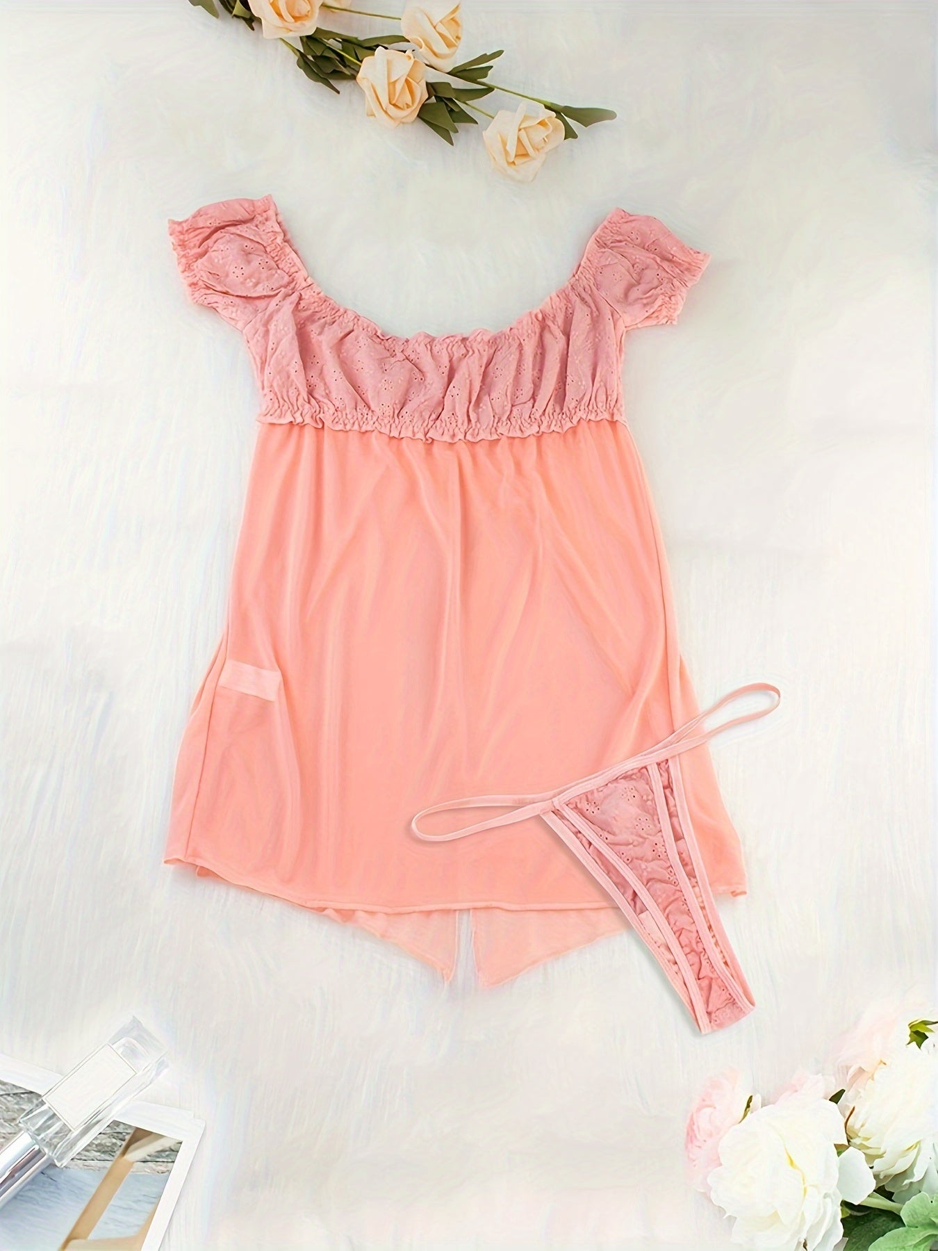 Mid Rise Semi-Sheer Mesh Lingerie Set with Floral Lace Ruffle - Elegant Sleepwear for Women with High Elasticity, Polyester and Elastane Fabric, Enhancing Confidence and Seduction - Lena & Miles Exquisite Boutique LLC.