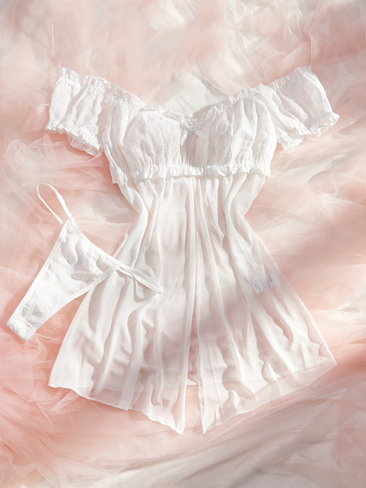 Mid Rise Semi-Sheer Mesh Lingerie Set with Floral Lace Ruffle - Elegant Sleepwear for Women with High Elasticity, Polyester and Elastane Fabric, Enhancing Confidence and Seduction - Lena & Miles Exquisite Boutique LLC.