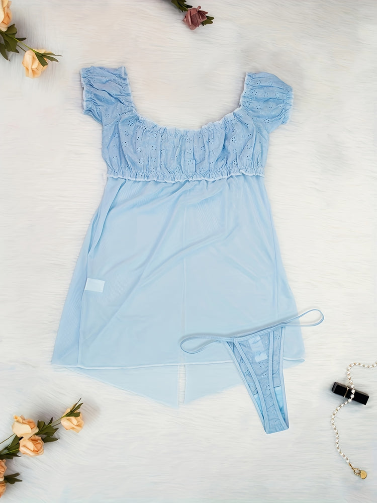 Mid Rise Semi-Sheer Mesh Lingerie Set with Floral Lace Ruffle - Elegant Sleepwear for Women with High Elasticity, Polyester and Elastane Fabric, Enhancing Confidence and Seduction - Lena & Miles Exquisite Boutique LLC.