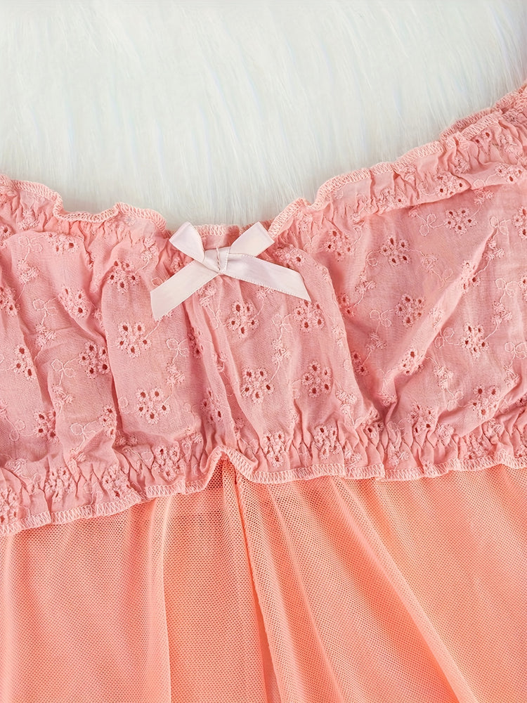 Mid Rise Semi-Sheer Mesh Lingerie Set with Floral Lace Ruffle - Elegant Sleepwear for Women with High Elasticity, Polyester and Elastane Fabric, Enhancing Confidence and Seduction - Lena & Miles Exquisite Boutique LLC.