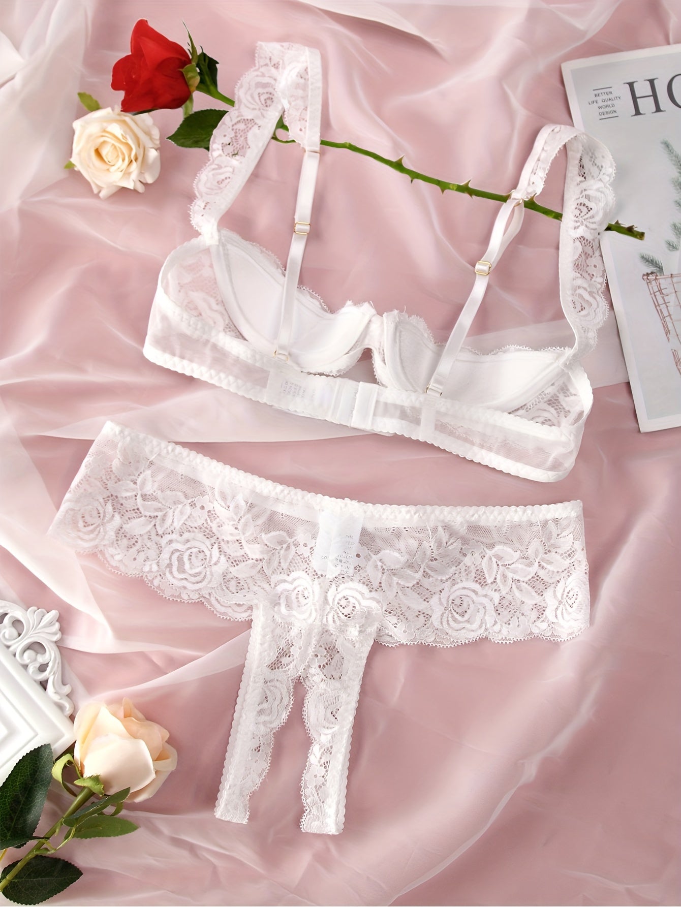 Romantic Floral Lace Lingerie Set - Seductive Open Bust Bra & Crotchless Panties - Alluring Soft Lace Detail, Perfect for Special Occasions - Womens Intimate Wear - Lena & Miles Exquisite Boutique LLC.