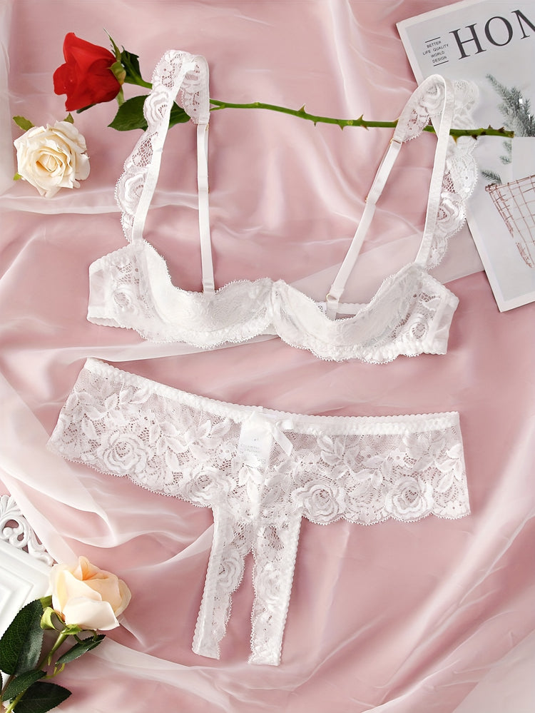 Romantic Floral Lace Lingerie Set - Seductive Open Bust Bra & Crotchless Panties - Alluring Soft Lace Detail, Perfect for Special Occasions - Womens Intimate Wear - Lena & Miles Exquisite Boutique LLC.