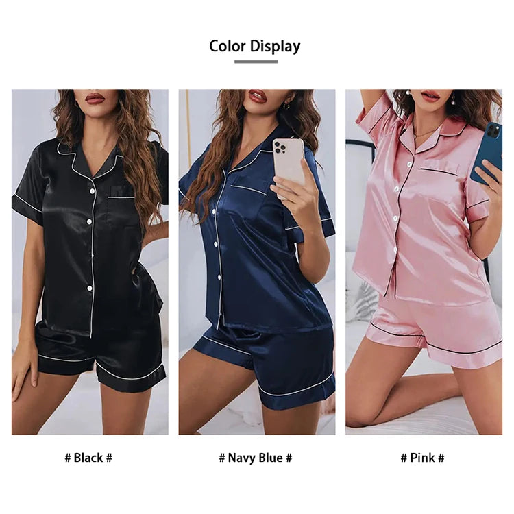 Women Silk Satin Pajamas Set Two-piece Pj Sets Sleepwear Loungewear Button-Down Pajama Women 2 Piece Pijama Homewear Shorts Set - Lena & Miles Exquisite Boutique LLC.