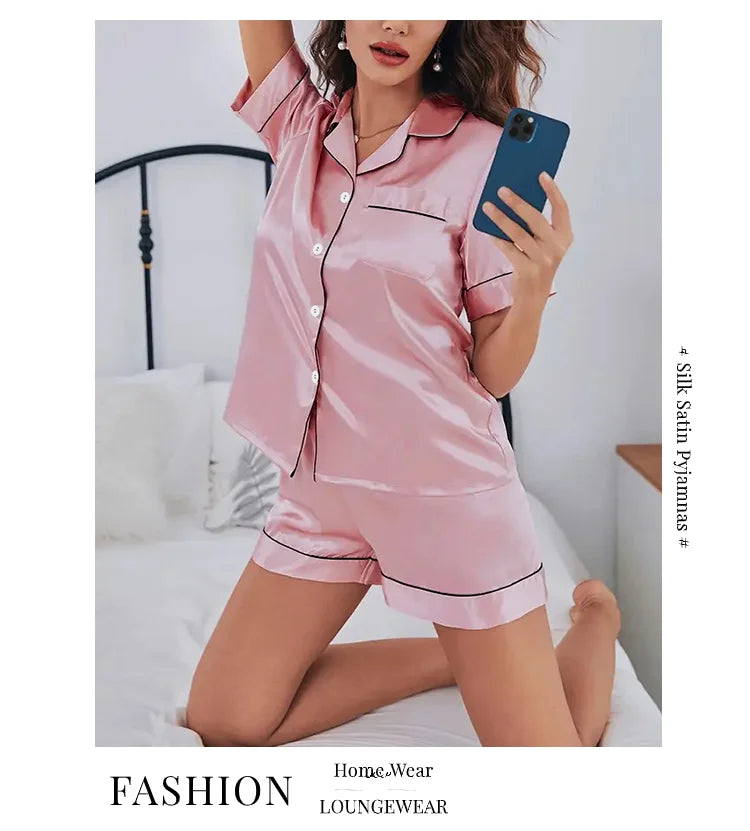 Women Silk Satin Pajamas Set Two-piece Pj Sets Sleepwear Loungewear Button-Down Pajama Women 2 Piece Pijama Homewear Shorts Set - Lena & Miles Exquisite Boutique LLC.