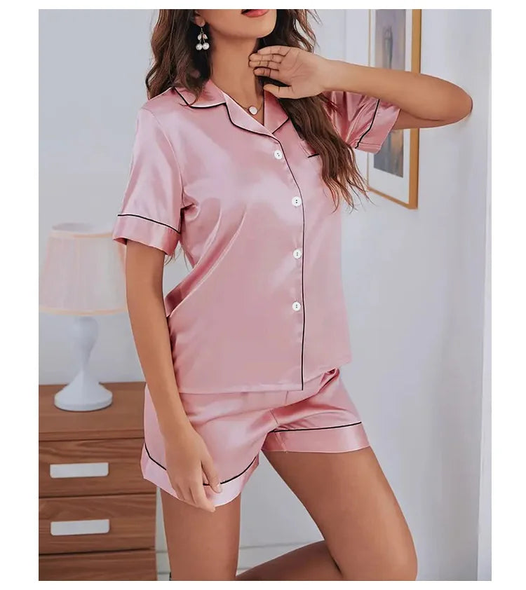 Women Silk Satin Pajamas Set Two-piece Pj Sets Sleepwear Loungewear Button-Down Pajama Women 2 Piece Pijama Homewear Shorts Set - Lena & Miles Exquisite Boutique LLC.