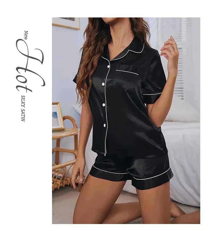 Women Silk Satin Pajamas Set Two-piece Pj Sets Sleepwear Loungewear Button-Down Pajama Women 2 Piece Pijama Homewear Shorts Set - Lena & Miles Exquisite Boutique LLC.