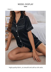 Women Silk Satin Pajamas Set Two-piece Pj Sets Sleepwear Loungewear Button-Down Pajama Women 2 Piece Pijama Homewear Shorts Set - Lena & Miles Exquisite Boutique LLC.