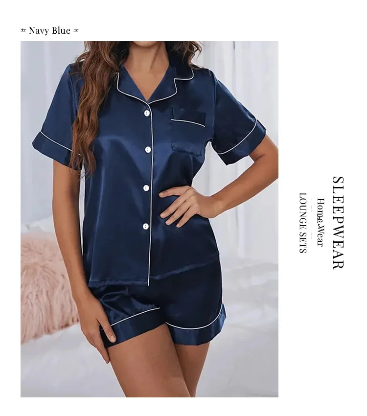 Women Silk Satin Pajamas Set Two-piece Pj Sets Sleepwear Loungewear Button-Down Pajama Women 2 Piece Pijama Homewear Shorts Set - Lena & Miles Exquisite Boutique LLC.