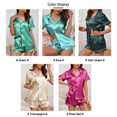 Womens Satin Pajamas Set Luxurious Short Sleeve Turn-down collar Button Top & Shorts Sleepwear & Loungewear for Summer Nightwear - Lena & Miles Exquisite Boutique LLC.