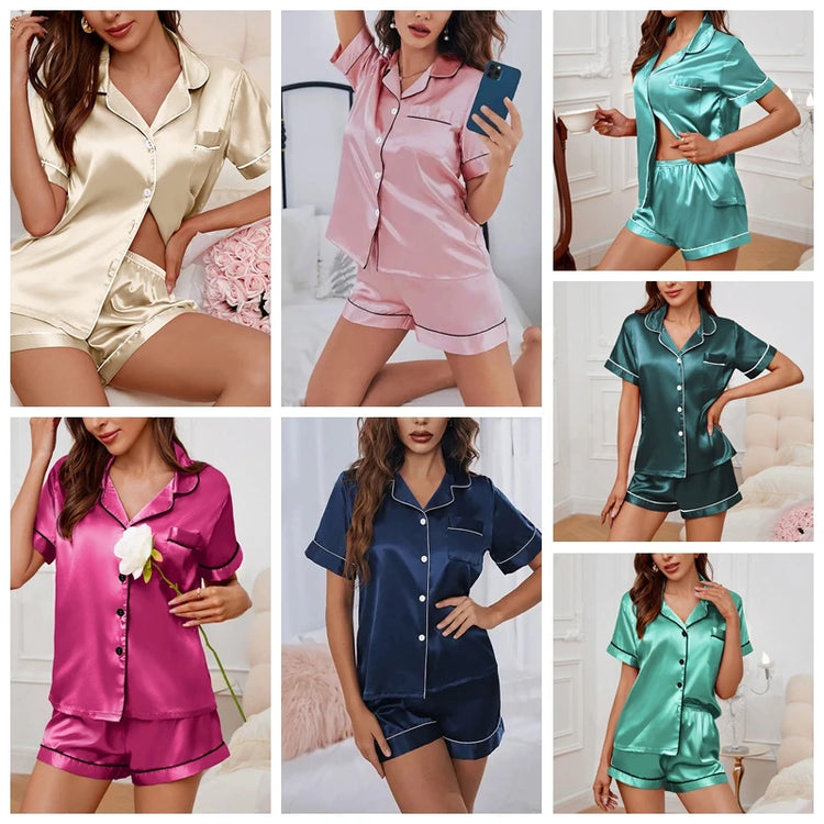 Womens Satin Pajamas Set Luxurious Short Sleeve Turn-down collar Button Top & Shorts Sleepwear & Loungewear for Summer Nightwear - Lena & Miles Exquisite Boutique LLC.