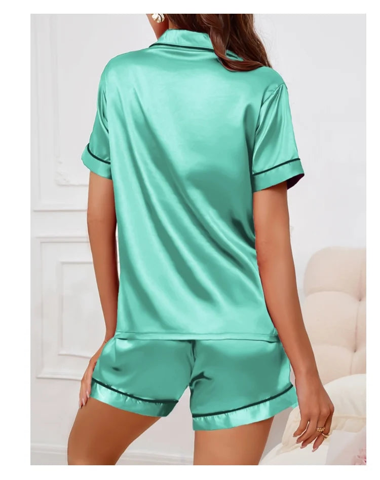 Womens Satin Pajamas Set Luxurious Short Sleeve Turn-down collar Button Top & Shorts Sleepwear & Loungewear for Summer Nightwear - Lena & Miles Exquisite Boutique LLC.