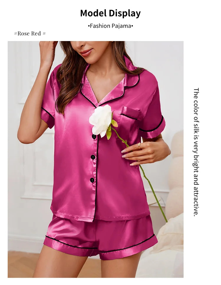 Womens Satin Pajamas Set Luxurious Short Sleeve Turn-down collar Button Top & Shorts Sleepwear & Loungewear for Summer Nightwear - Lena & Miles Exquisite Boutique LLC.
