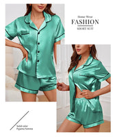 Womens Satin Pajamas Set Luxurious Short Sleeve Turn-down collar Button Top & Shorts Sleepwear & Loungewear for Summer Nightwear - Lena & Miles Exquisite Boutique LLC.
