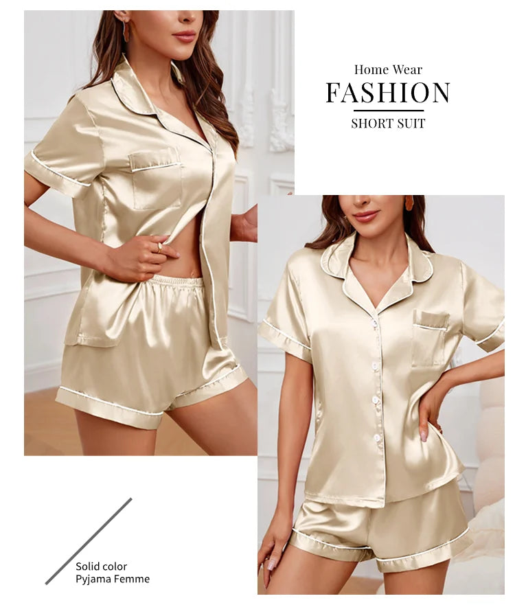 Womens Satin Pajamas Set Luxurious Short Sleeve Turn-down collar Button Top & Shorts Sleepwear & Loungewear for Summer Nightwear - Lena & Miles Exquisite Boutique LLC.