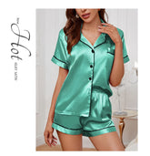 Womens Satin Pajamas Set Luxurious Short Sleeve Turn-down collar Button Top & Shorts Sleepwear & Loungewear for Summer Nightwear - Lena & Miles Exquisite Boutique LLC.
