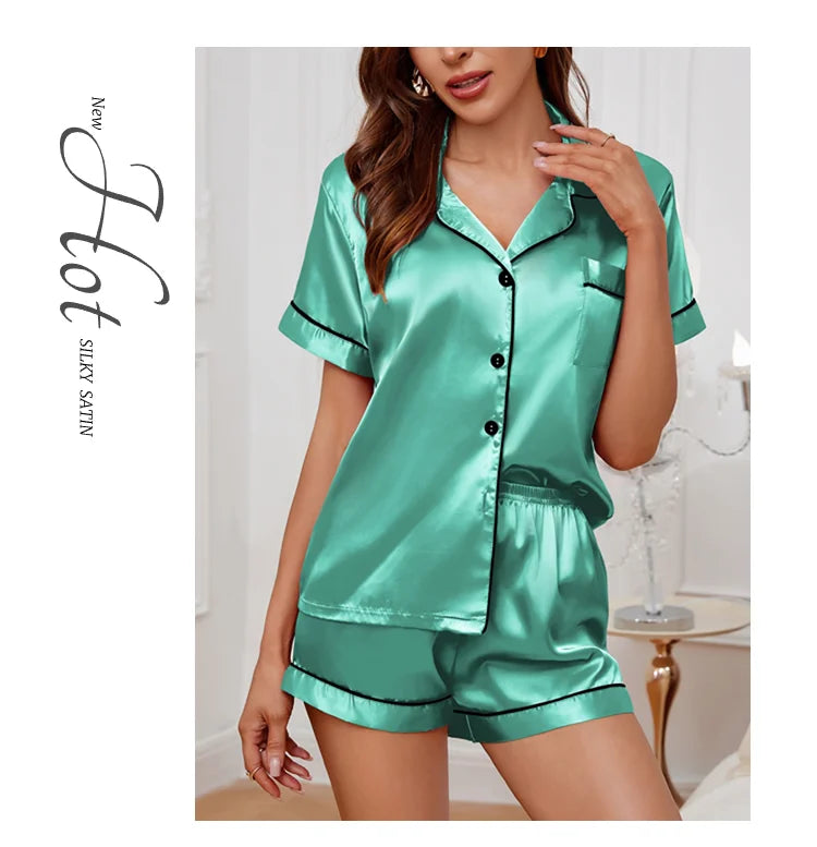 Womens Satin Pajamas Set Luxurious Short Sleeve Turn-down collar Button Top & Shorts Sleepwear & Loungewear for Summer Nightwear - Lena & Miles Exquisite Boutique LLC.
