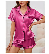 Womens Satin Pajamas Set Luxurious Short Sleeve Turn-down collar Button Top & Shorts Sleepwear & Loungewear for Summer Nightwear - Lena & Miles Exquisite Boutique LLC.