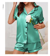 Womens Satin Pajamas Set Luxurious Short Sleeve Turn-down collar Button Top & Shorts Sleepwear & Loungewear for Summer Nightwear - Lena & Miles Exquisite Boutique LLC.